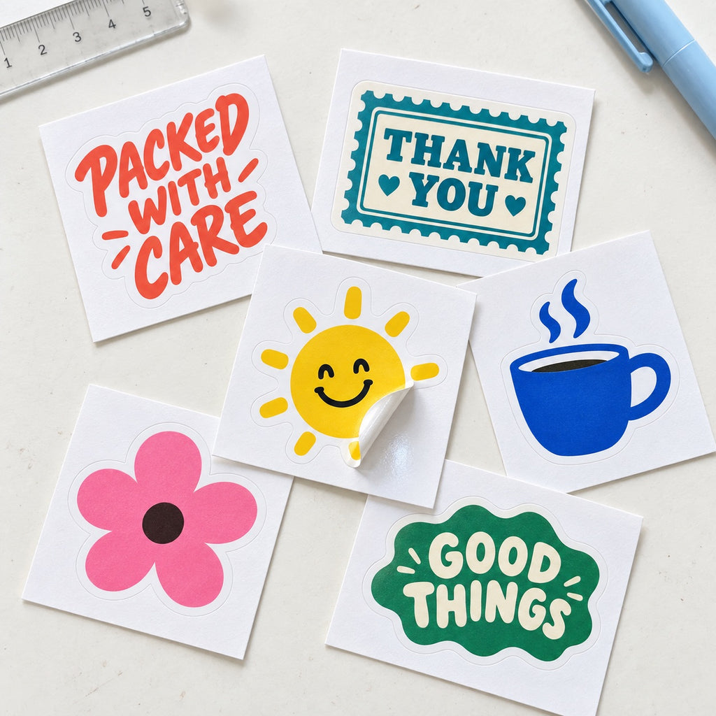 Colorful custom kiss cut sticker samples featuring thank-you messages, a smiling sun, coffee cup, flower, and packaging labels.