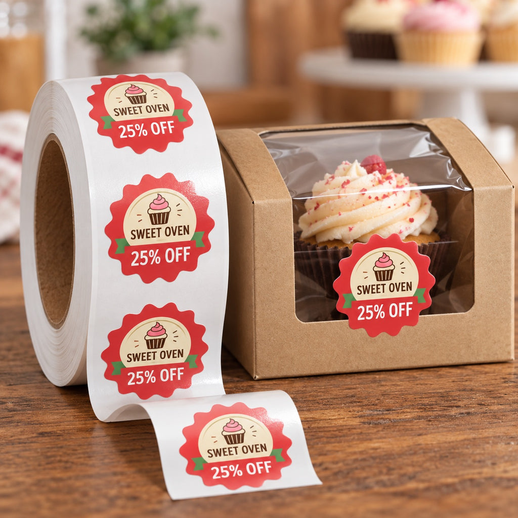Custom bakery promotion roll labels advertising 25 percent off and applied to a cupcake box.