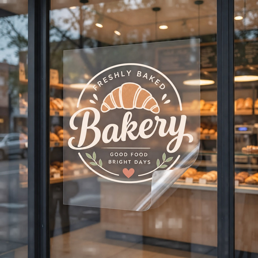 Large custom bakery static cling applied to a glass storefront window with one corner peeled back.