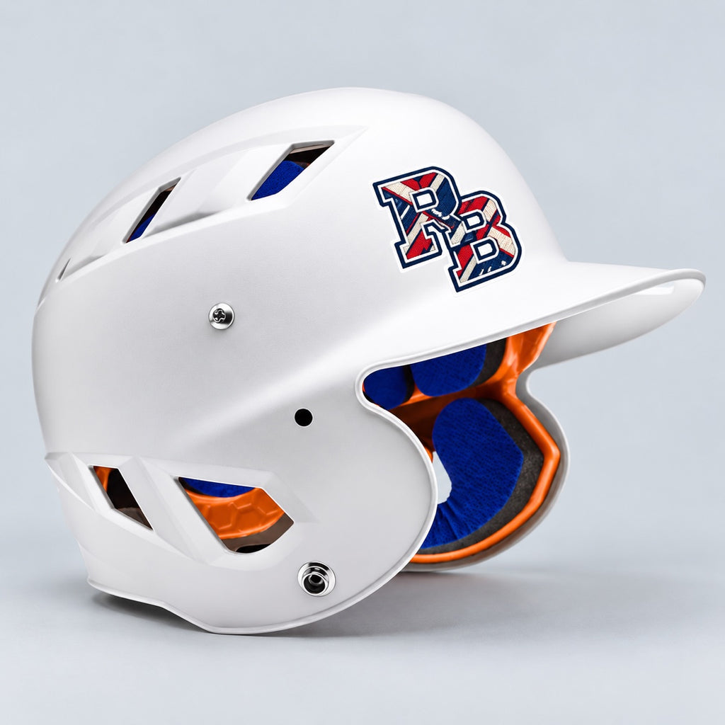 Custom baseball helmet sticker sample showing glossy printed decal on batting helmet surface