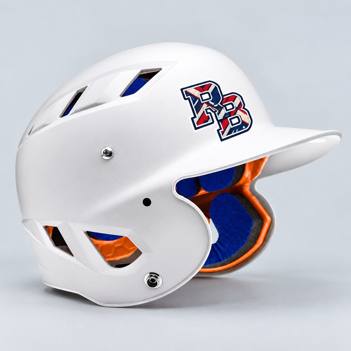 Custom baseball helmet sticker sample showing glossy printed decal on batting helmet surface