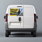 Custom business advertising bumper sticker for a window cleaning service applied to a white work van.