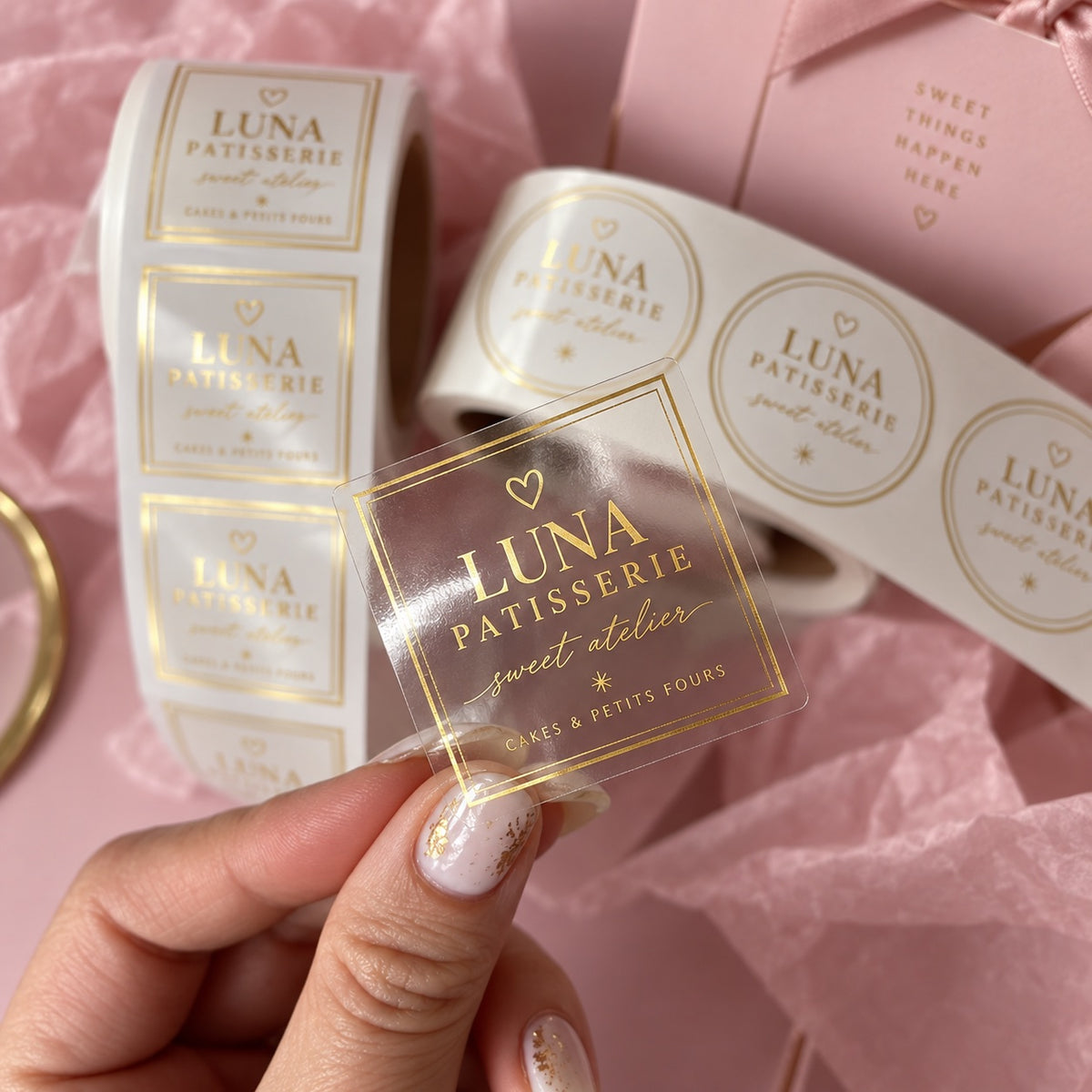 Custom clear bakery logo sticker with gold printing held above rolls of matching product labels and pink packaging.