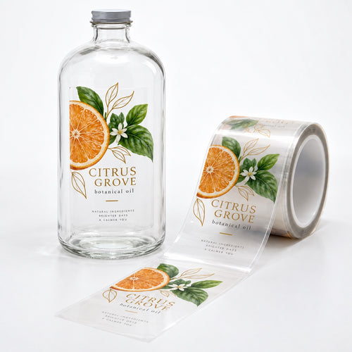 Custom clear citrus botanical label stickers shown on a roll and applied to a transparent glass bottle.
