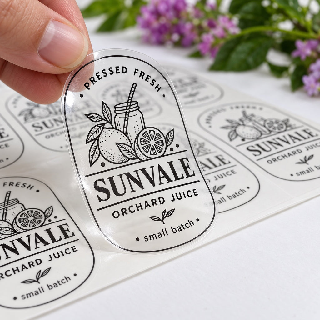 Hand holding a custom clear Sunvale orchard juice label above a sheet of matching transparent black print stickers.