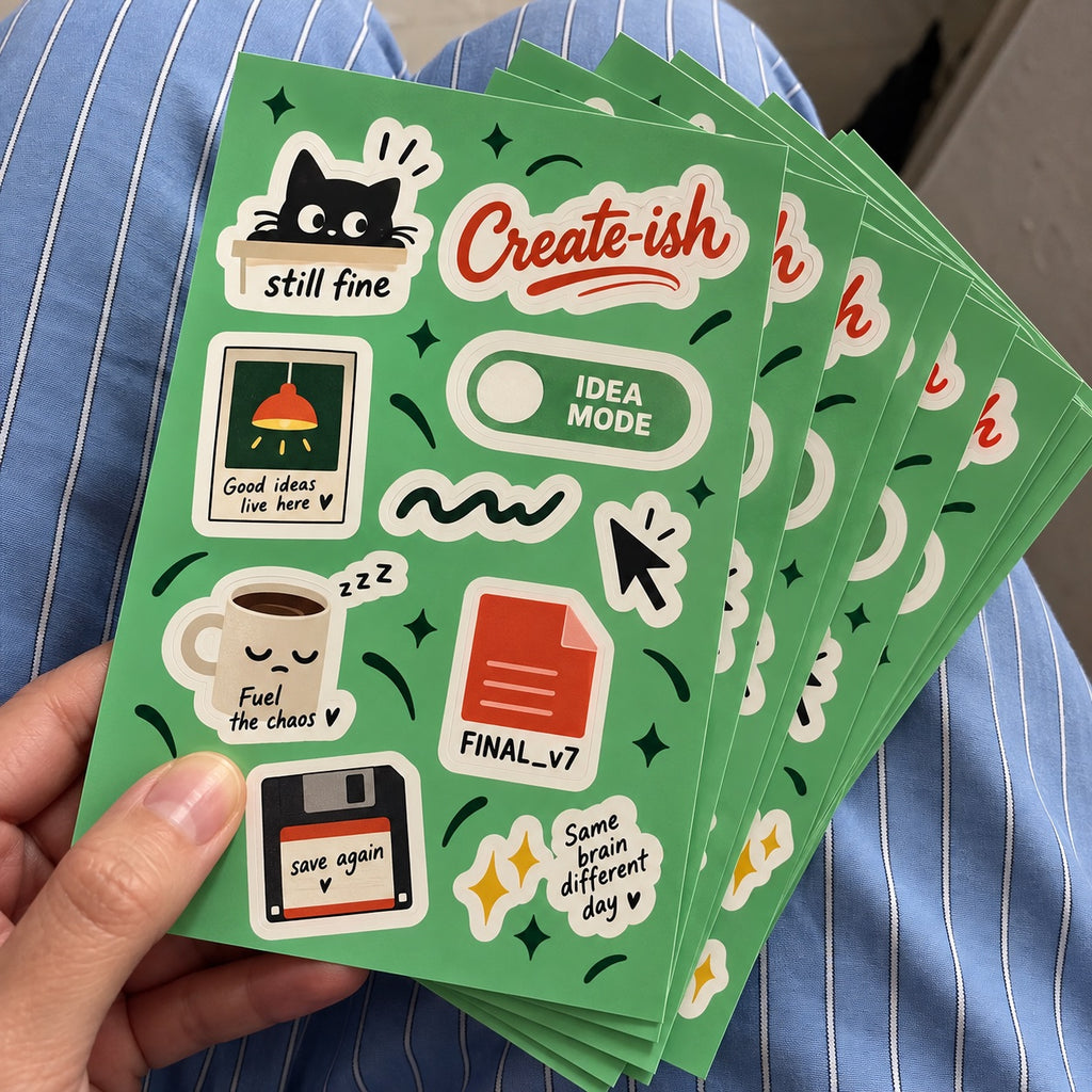 Stack of custom green sticker sheets featuring creative office, coffee, cat, cursor, and motivational designs.