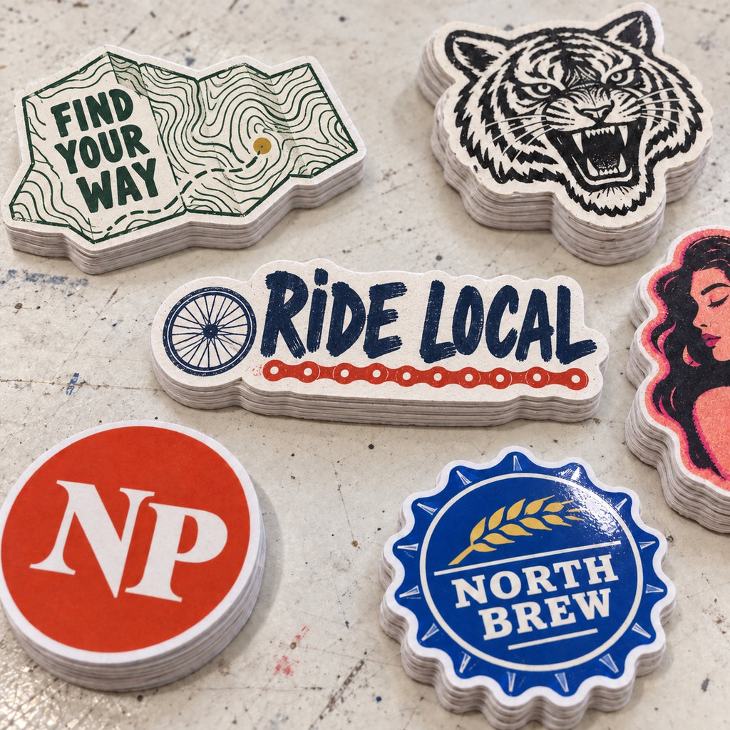 Stacks of custom die cut stickers featuring Ride Local, tiger, map, portrait, monogram, and North Brew designs.