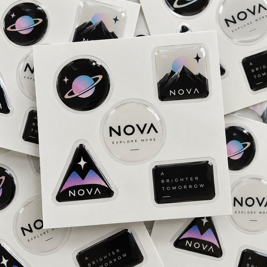 Custom epoxy stickers with glossy raised resin dome finish for product branding