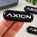 Custom epoxy sticker detail with domed clear coating and clean printed edges