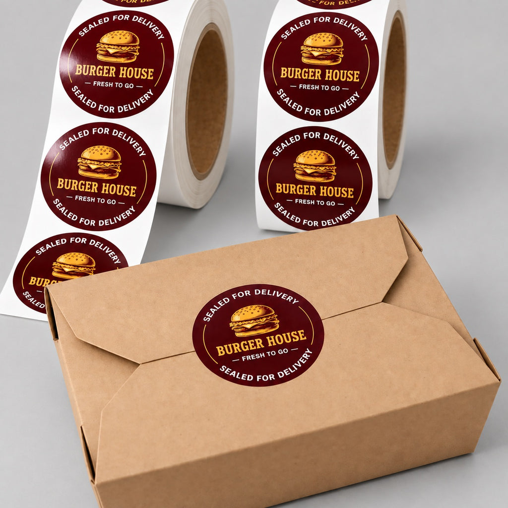 Custom round Burger House food delivery seal labels on rolls and applied to a kraft takeout box.