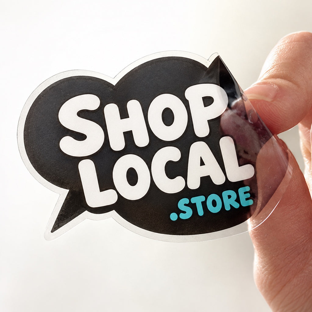 Custom front adhesive sticker sample with reverse-printed design for glass display