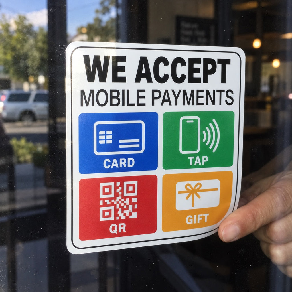 Custom front adhesive stickers showing clear adhesive front application on window glass