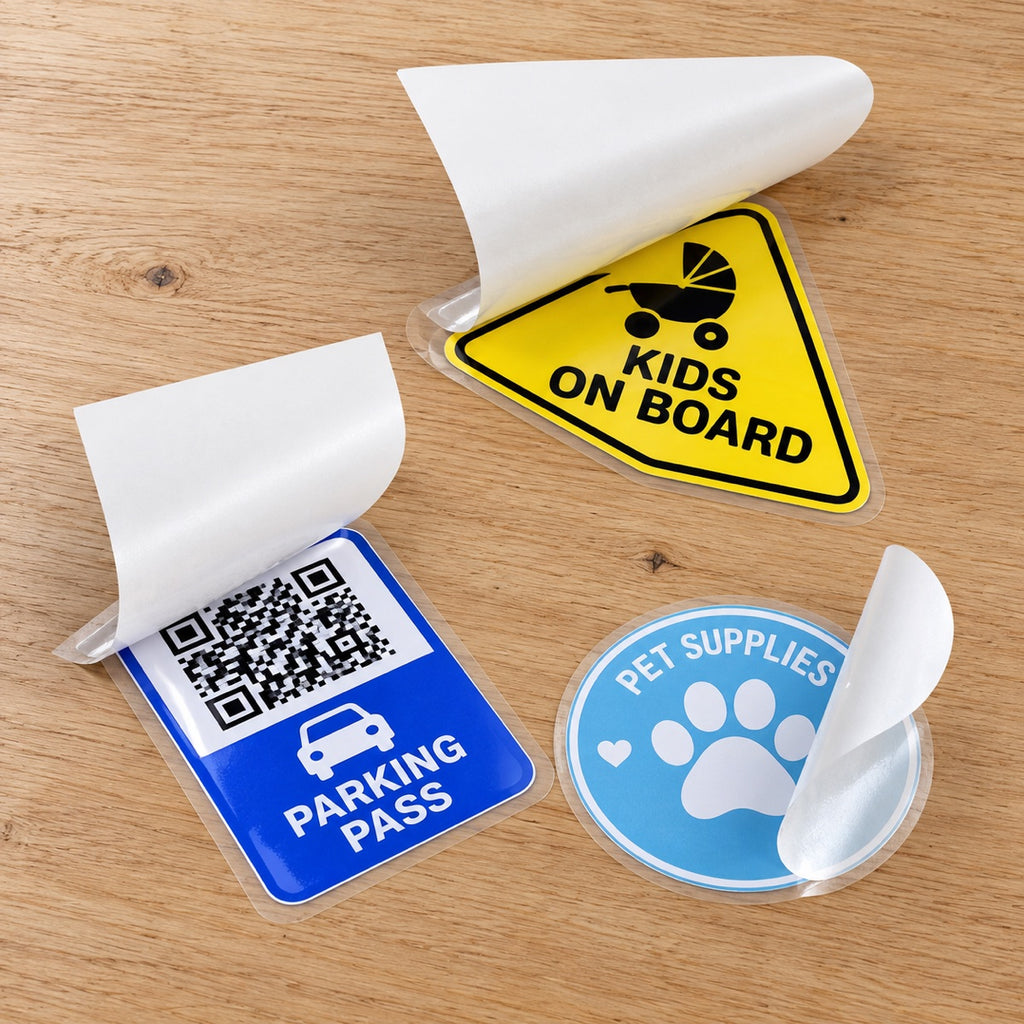 Custom front adhesive sticker detail for inside-window branding and storefront decals