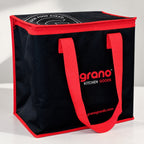 Custom insulated food delivery bag with printed branding and soft-sided thermal tote construction