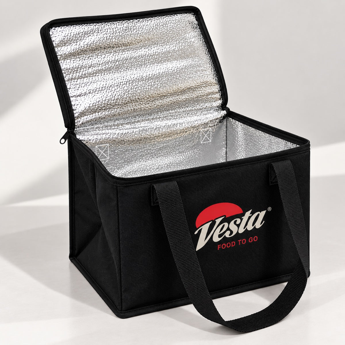 Custom insulated food delivery bag sample showing open cooler interior and branded exterior print