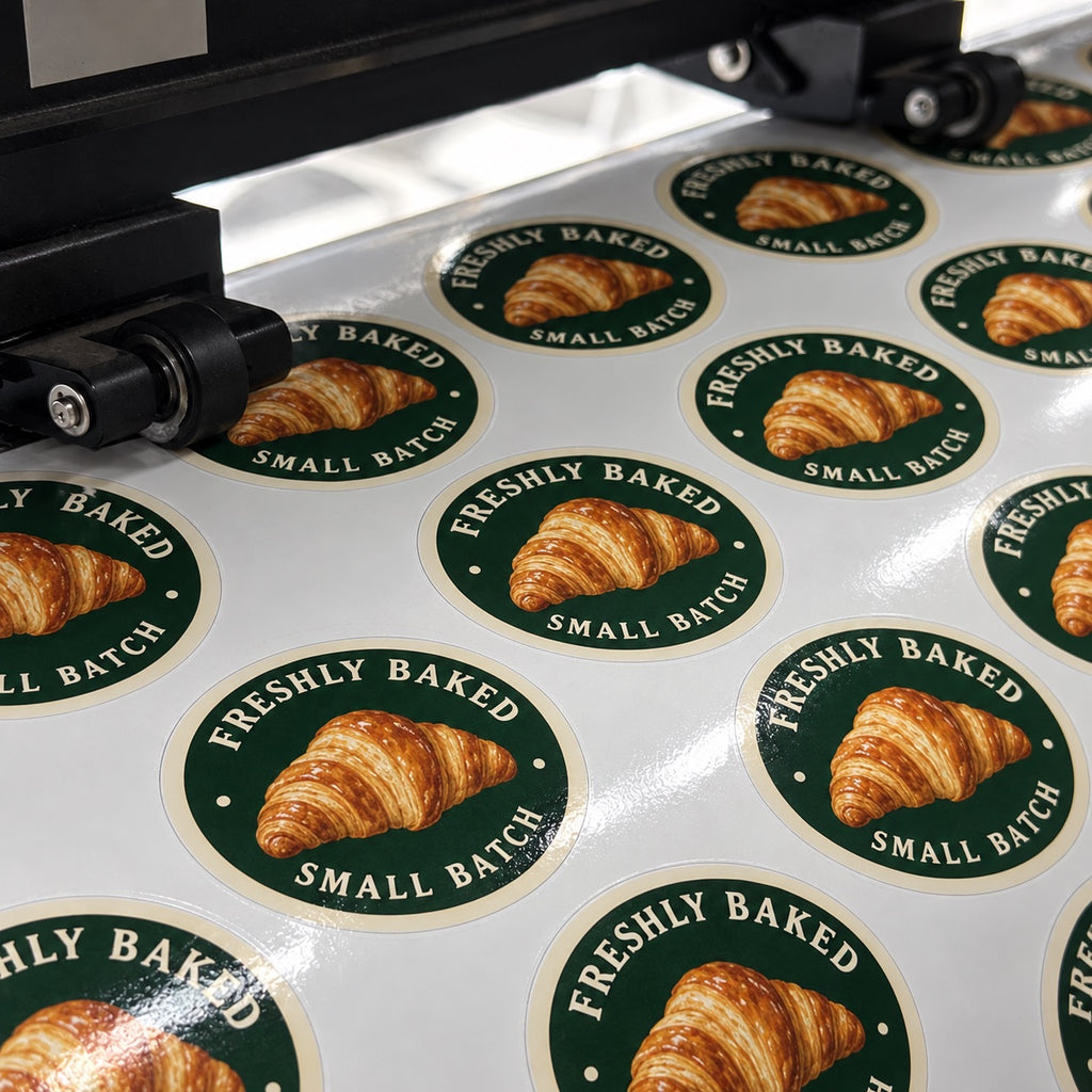 Custom round bakery kiss cut stickers featuring a croissant being produced on a professional sticker cutting machine.