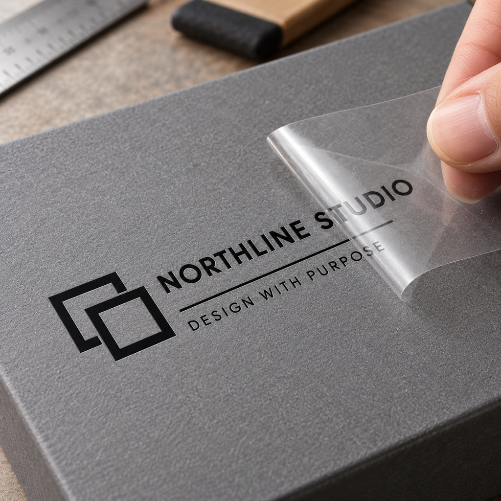 Black custom logo transfer sticker applied to a textured gray packaging box with the clear transfer film being removed.