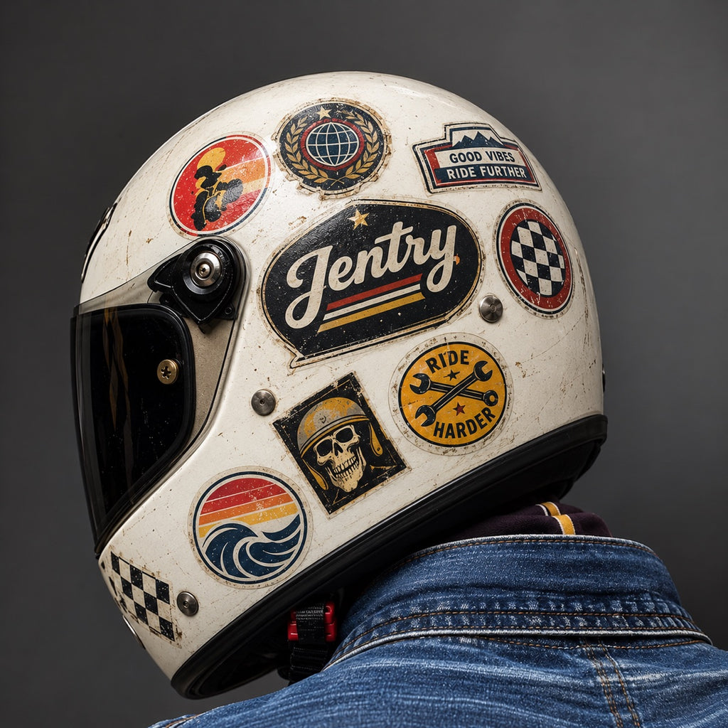 Custom motorcycle helmet sticker sample showing glossy printed decal on helmet surface