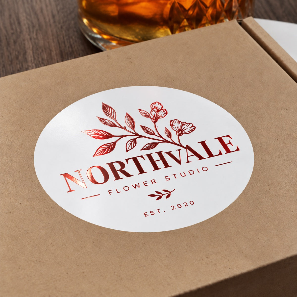 Custom one color foil sticker sample showing shiny single-color foil detail