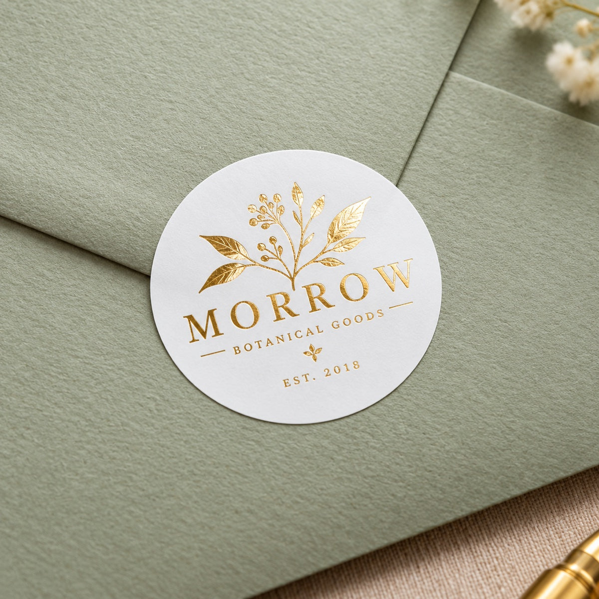 Custom one color foil sticker detail with glossy reflective finish and clean edges