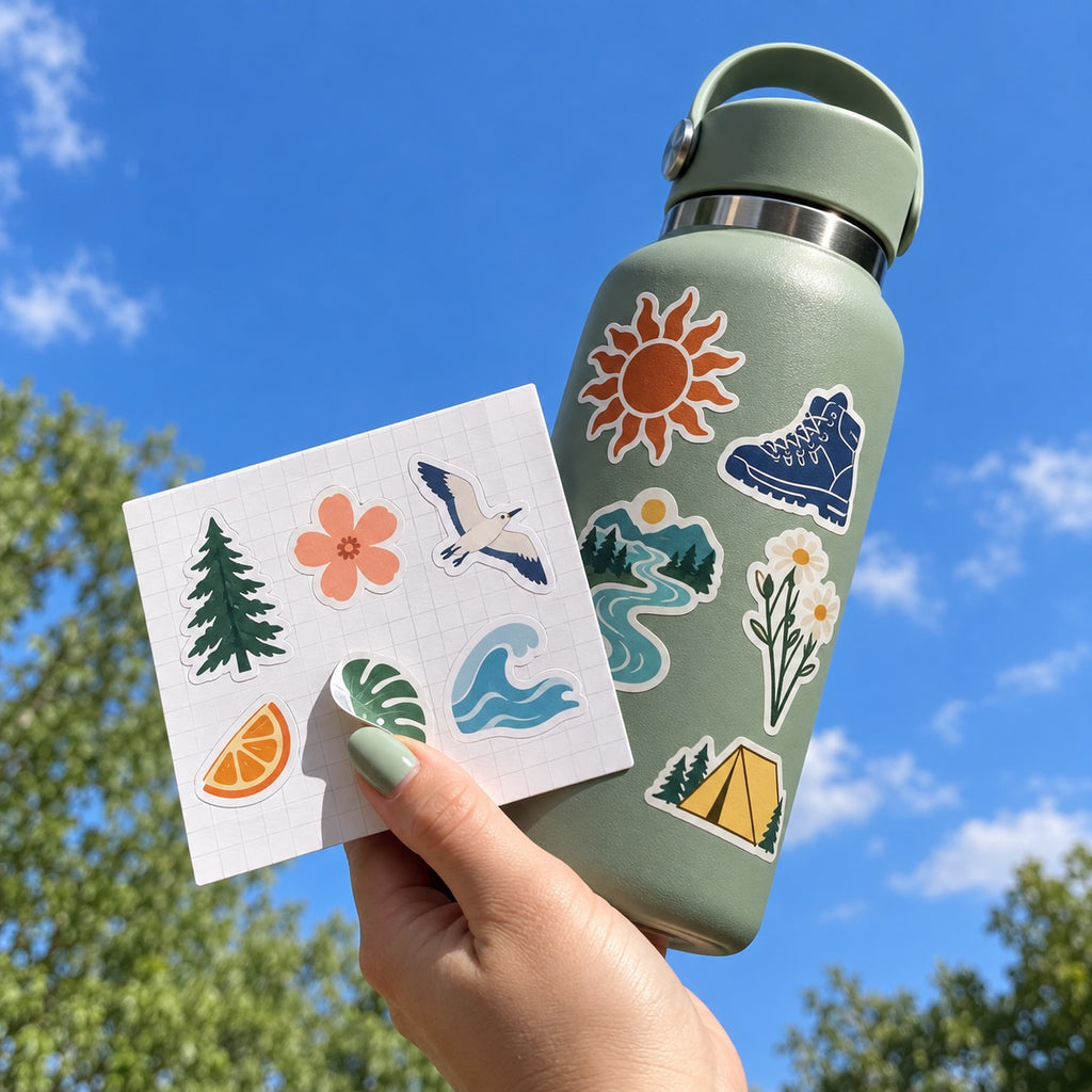 Custom outdoor sticker sheet with nature designs held beside a green water bottle decorated with matching stickers.