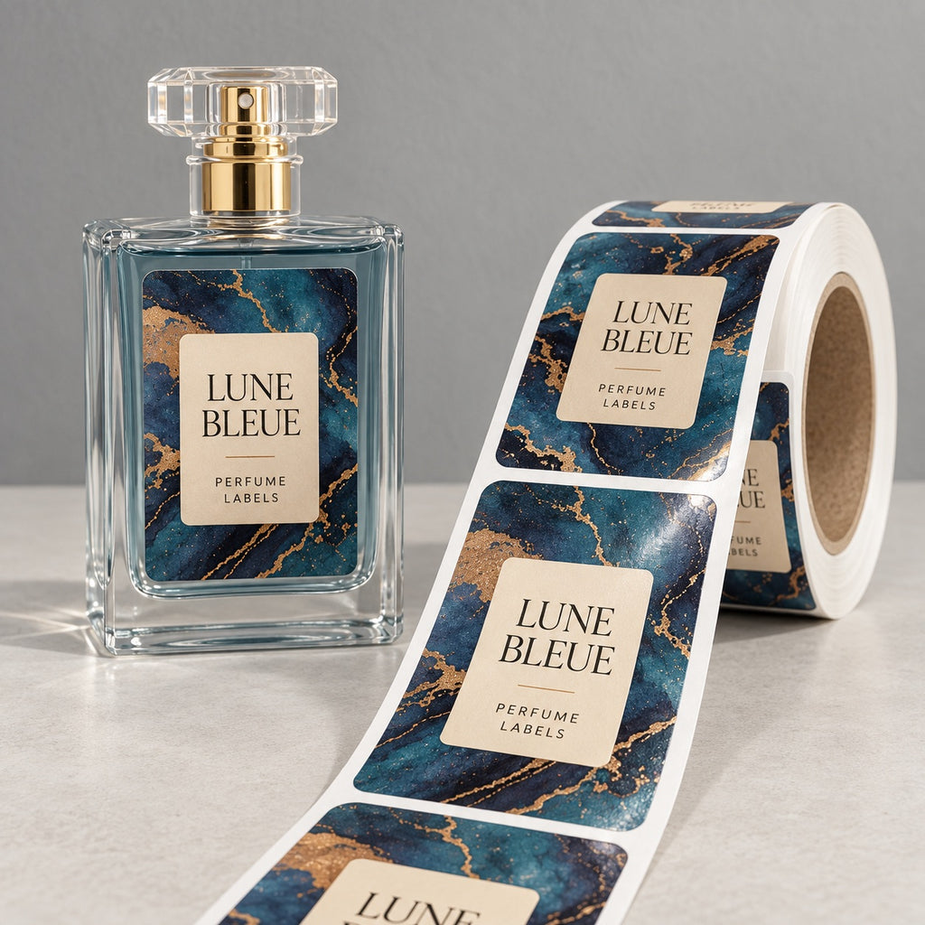 Custom rectangular perfume roll labels with blue marble and gold detailing shown beside a labeled glass bottle.