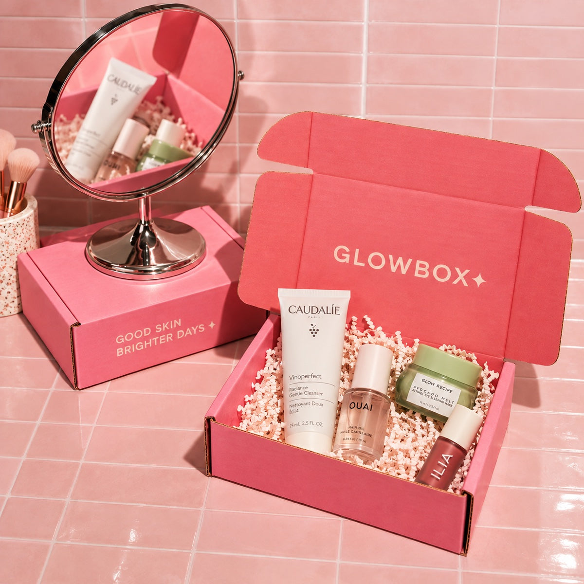 Custom printed corrugated mailer box for skincare packaging with pink branded unboxing design