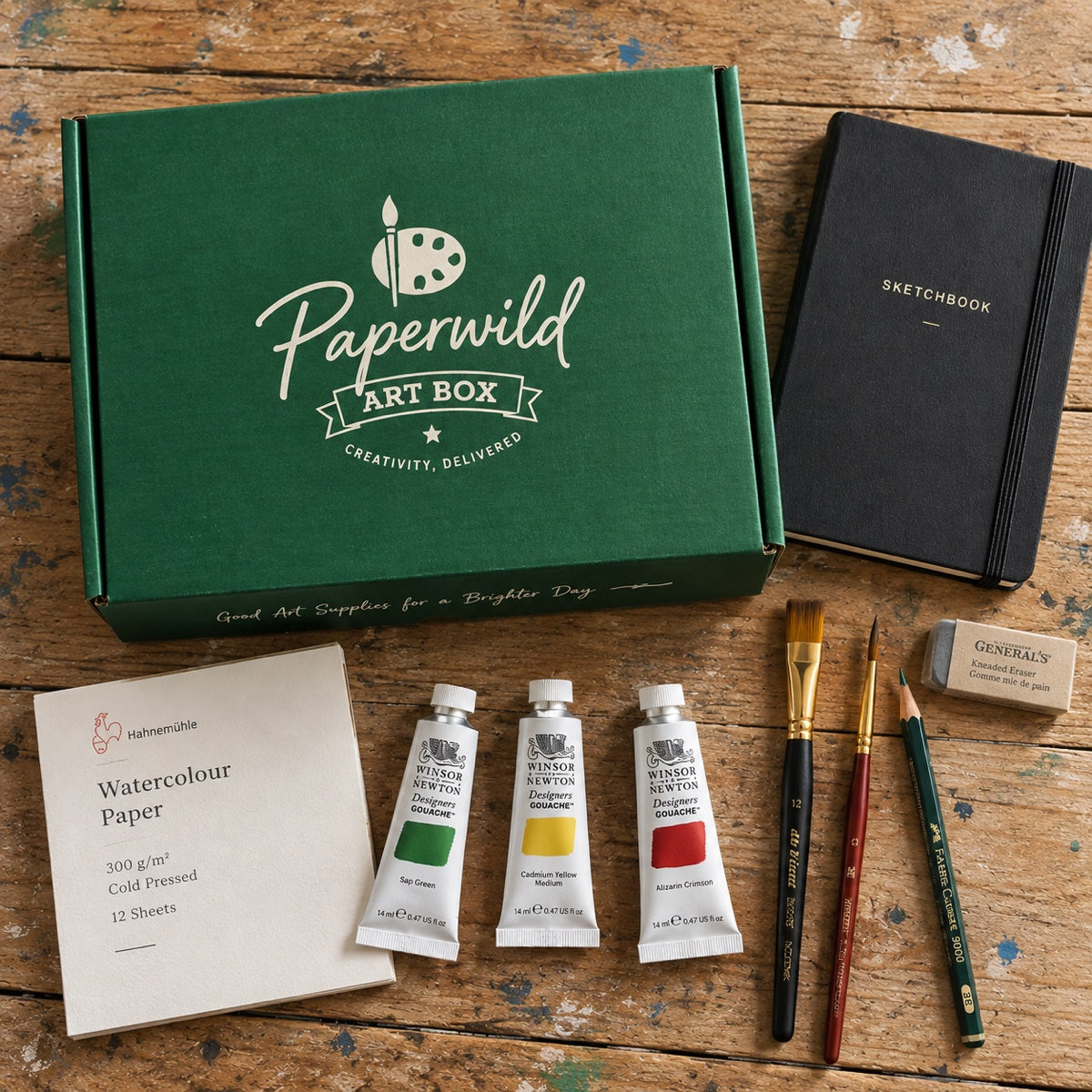 Custom printed corrugated mailer box for art supplies with branded still life packaging presentation