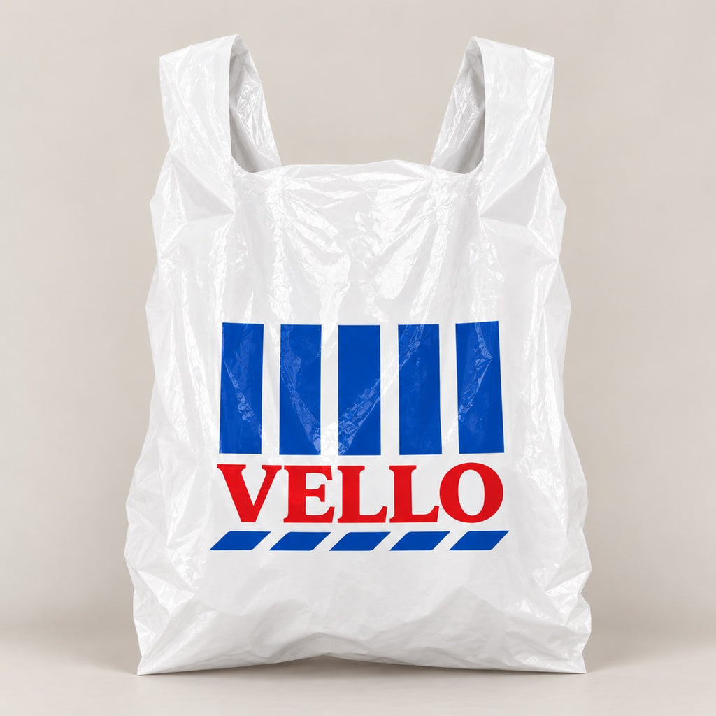Custom printed eco friendly plastic takeout bag with logo branding for grocery and restaurant packaging
