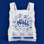 Custom printed eco friendly plastic takeout bag sample with playful snack shop branding