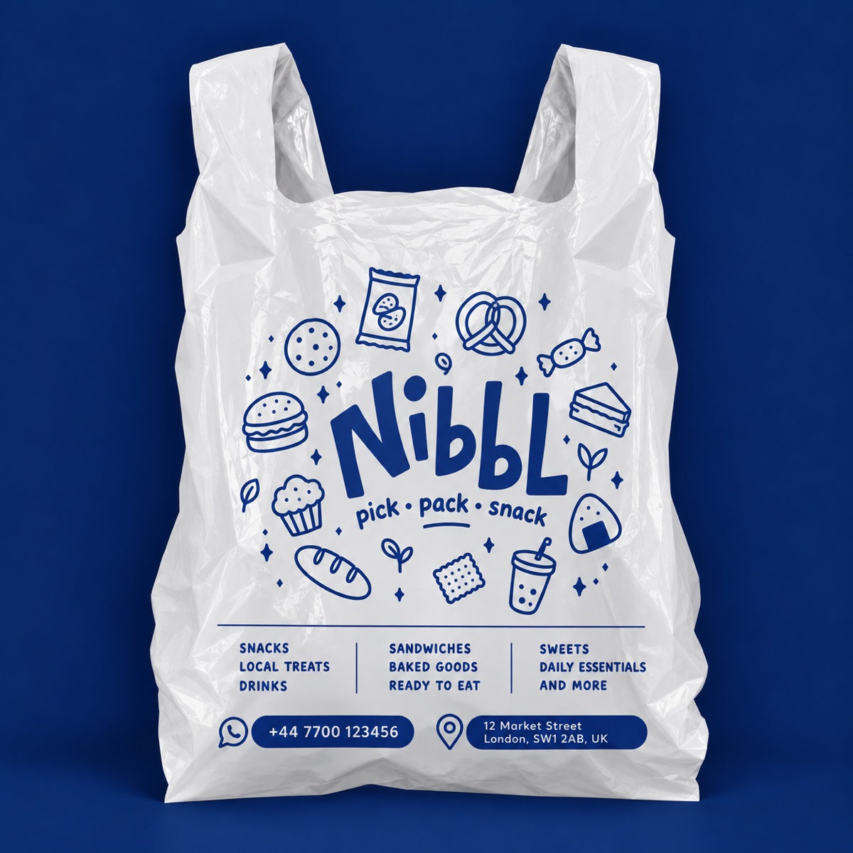 Custom printed eco friendly plastic takeout bag sample with playful snack shop branding