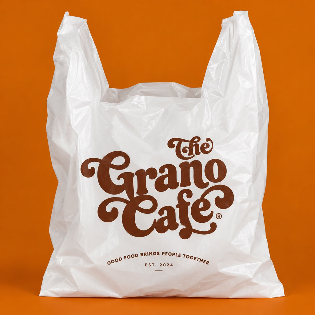 Custom printed eco friendly plastic grocery bag with cafe logo and reusable takeout packaging detail
