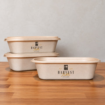 Custom printed eco friendly pulp food containers with molded fiber texture and branded takeout packaging