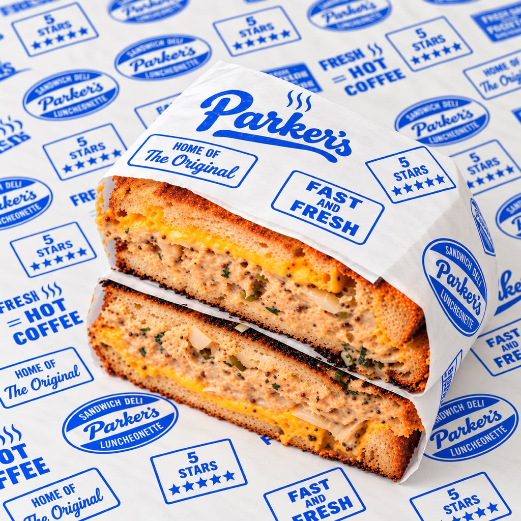 Custom printed food wrapping paper sample with branded wrap for grilled sandwiches and takeout service