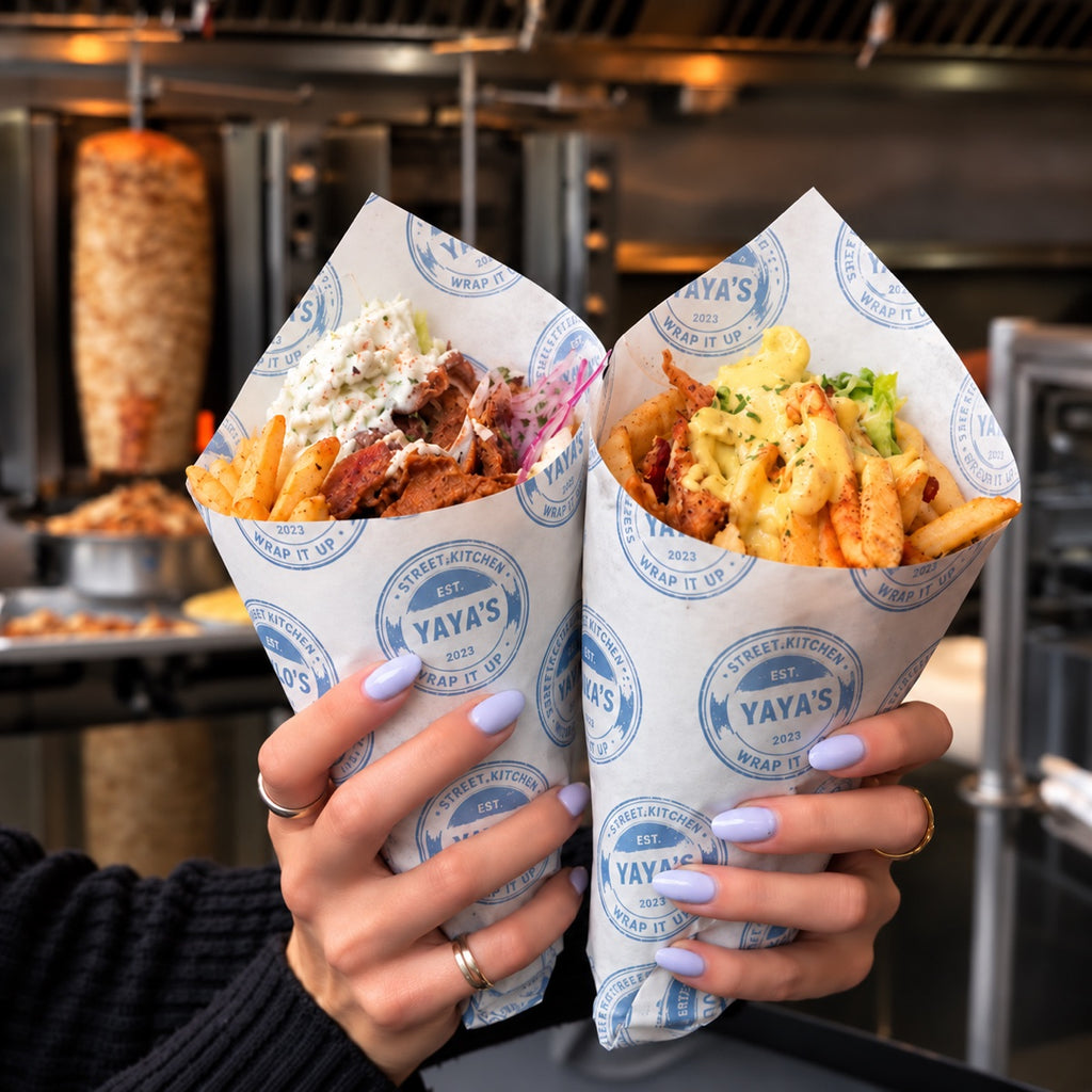Custom printed food wrapping paper for street food wraps with branded paper cone presentation