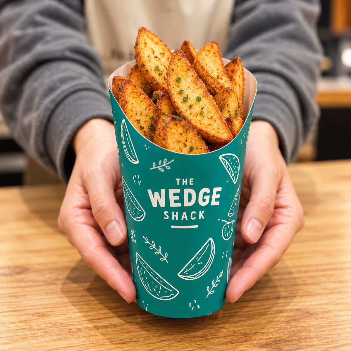 Custom printed French fry box sample showing folded paperboard construction and logo print detail