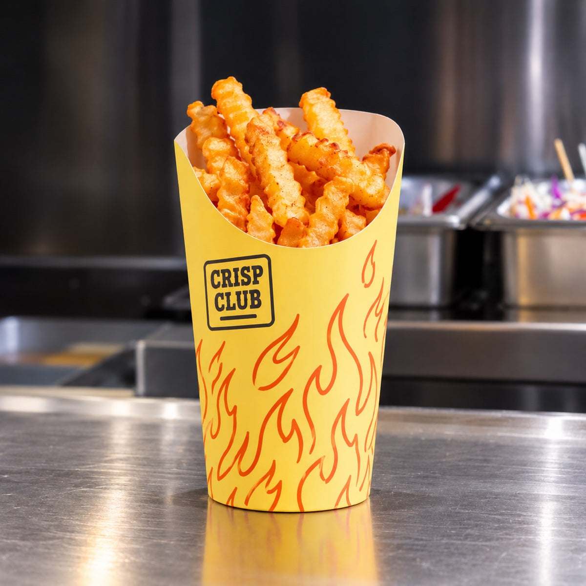 Custom French fry boxes with full color printed branding for restaurant snack packaging