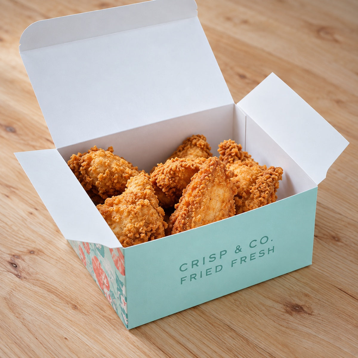 Custom printed fried food box sample showing folded paperboard construction and logo print detail
