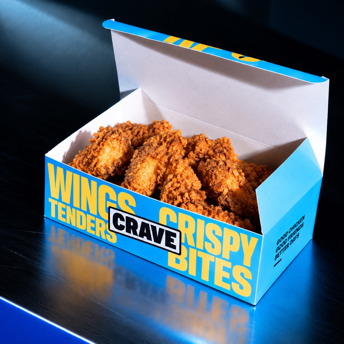 Custom printed fried food box detail with clean folds and branded snack packaging