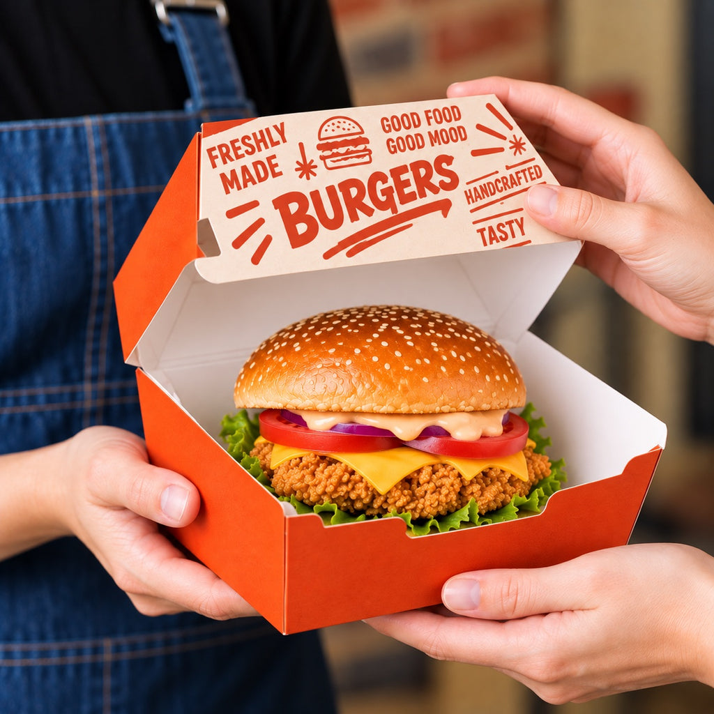 Custom hamburger boxes with full color printed paperboard for restaurant packaging