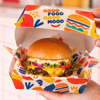 Custom printed hamburger box detail with clean folds and branded takeout packaging
