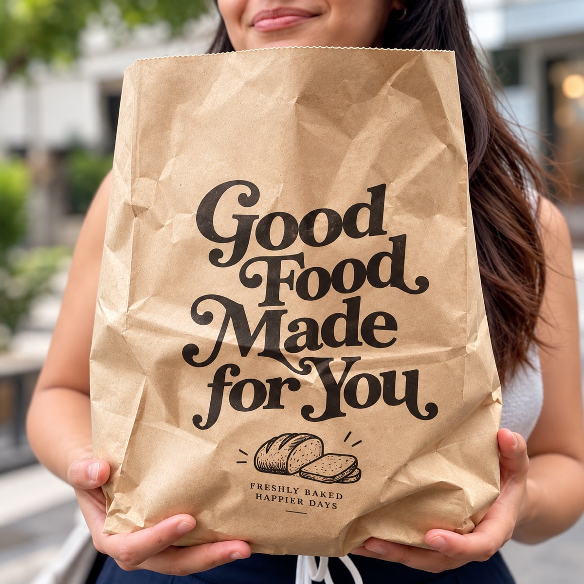 Custom printed kraft paper food bags with branded natural paper packaging for takeout