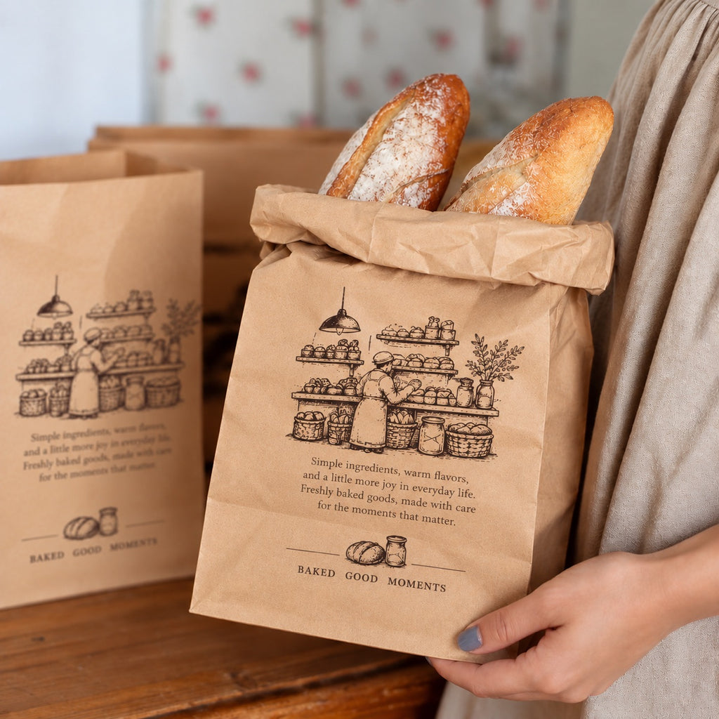 Custom printed kraft paper food bag sample showing logo print and folded paper construction
