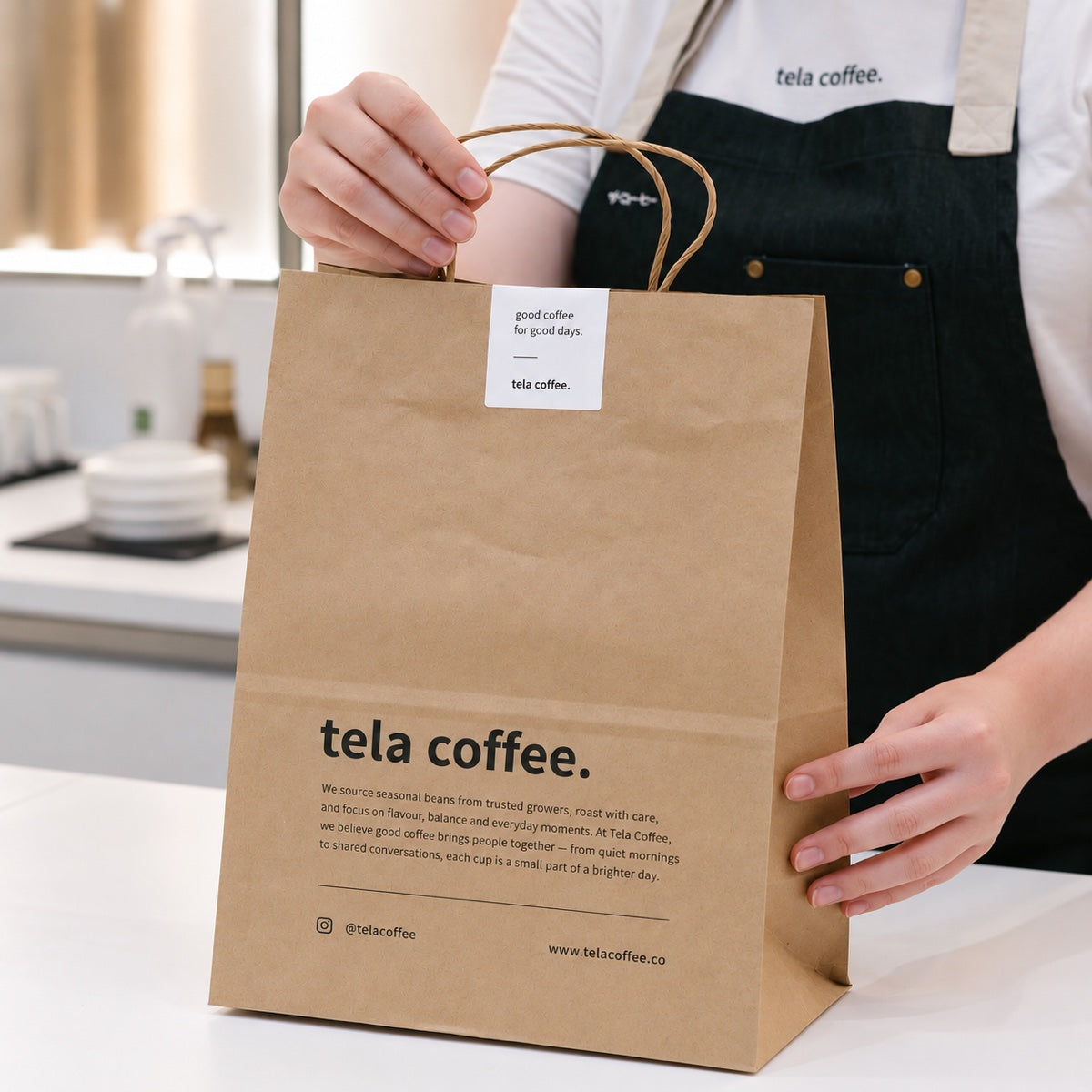 Custom printed kraft paper takeout bag sample with cafe logo and modern takeaway packaging