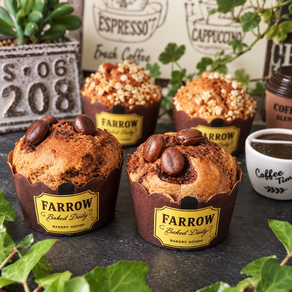 Custom printed paper bakery cups for muffins with branded coffee shop wrapper design