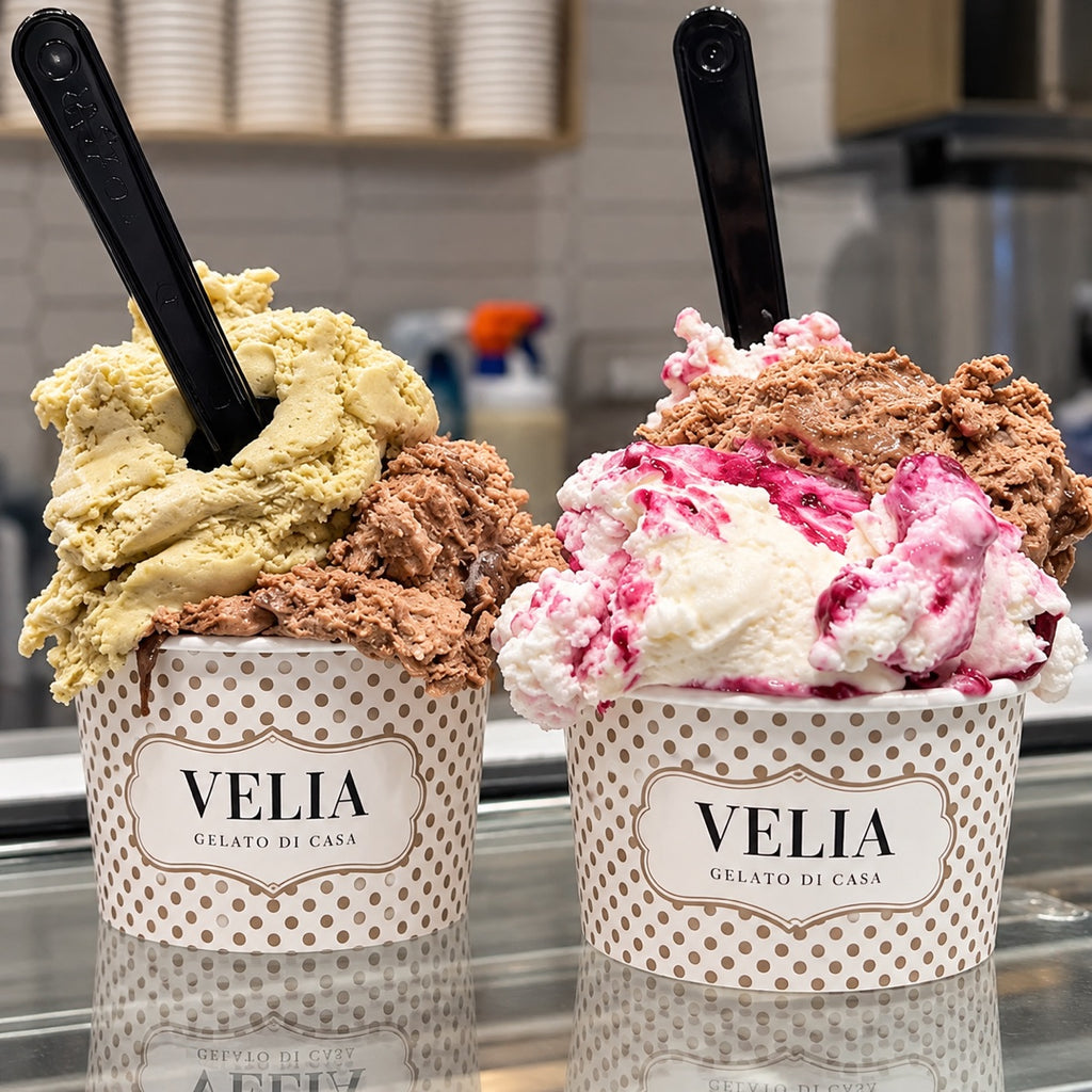 Custom printed paper dessert cups for gelato with branded paper cup design and display presentation