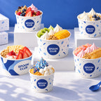 Custom printed paper dessert cups display for frozen treats with colorful branded serving cups