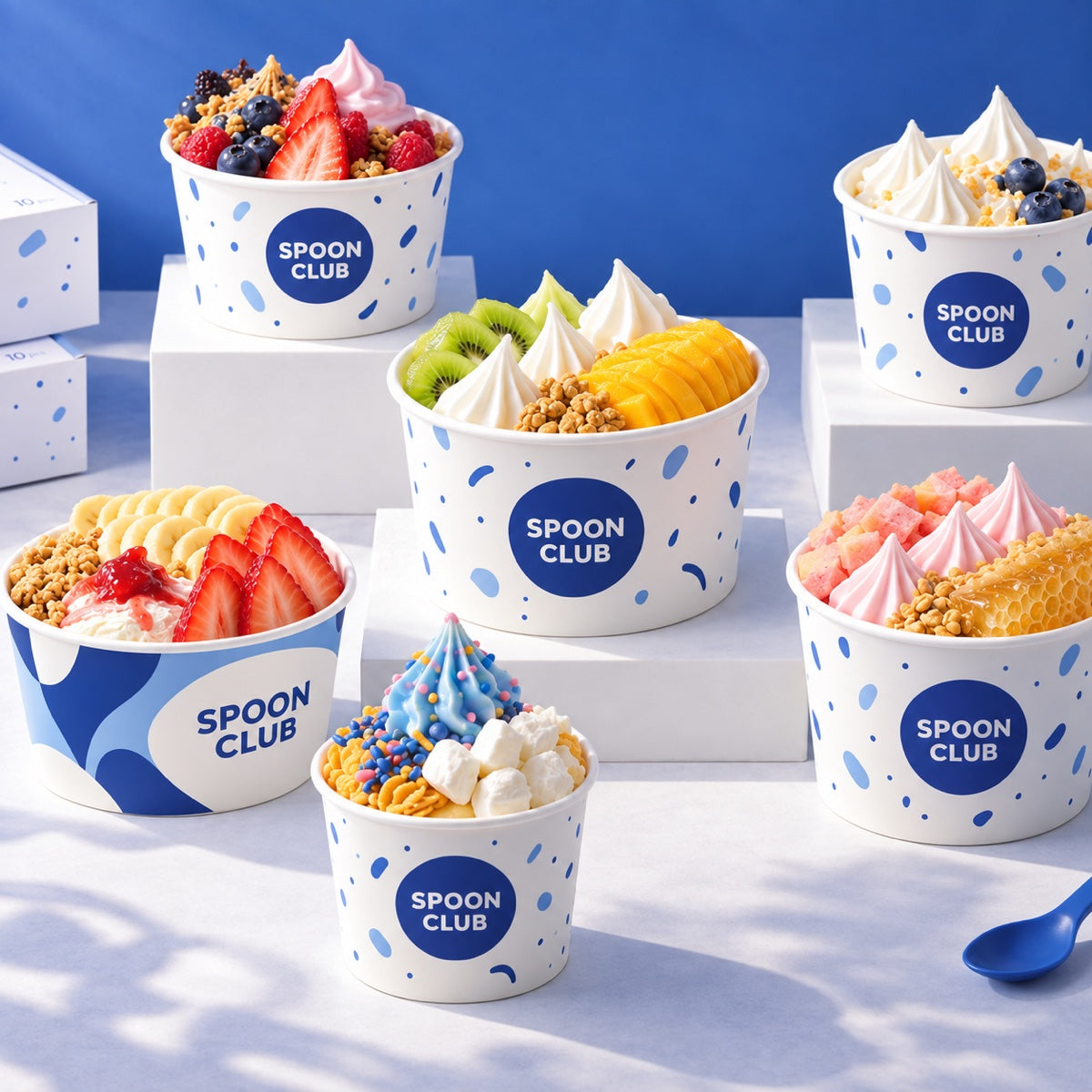 Custom printed paper dessert cups display for frozen treats with colorful branded serving cups