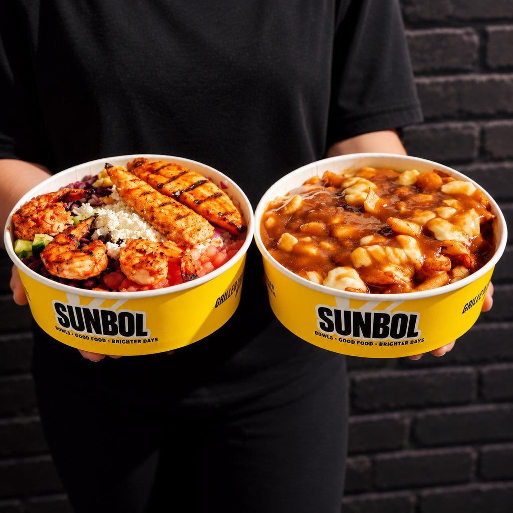 Custom printed paper food bucket with full color branding for grilled bowls and takeout meals