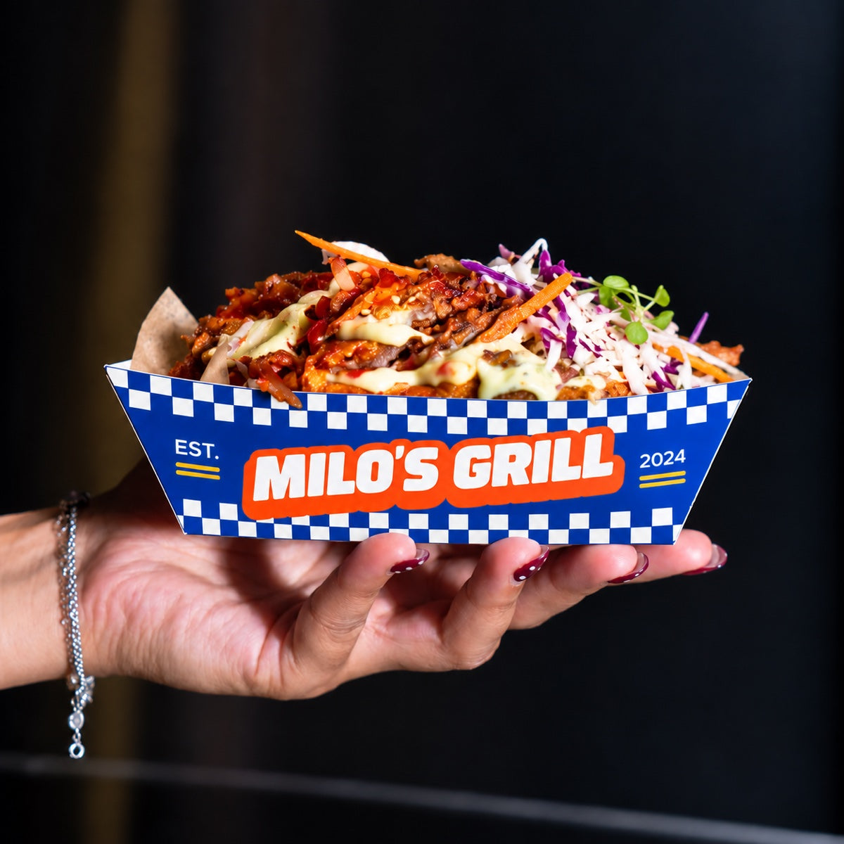 Custom printed paper food trays with branded paperboard packaging for takeout and events